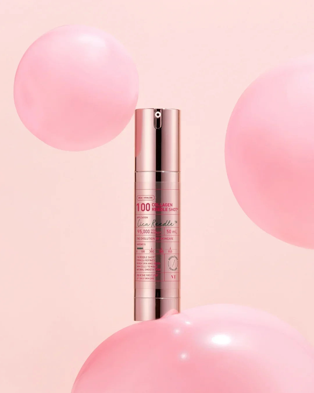 Pink collagen needle shot serum bottle with pink balloons on soft pink background