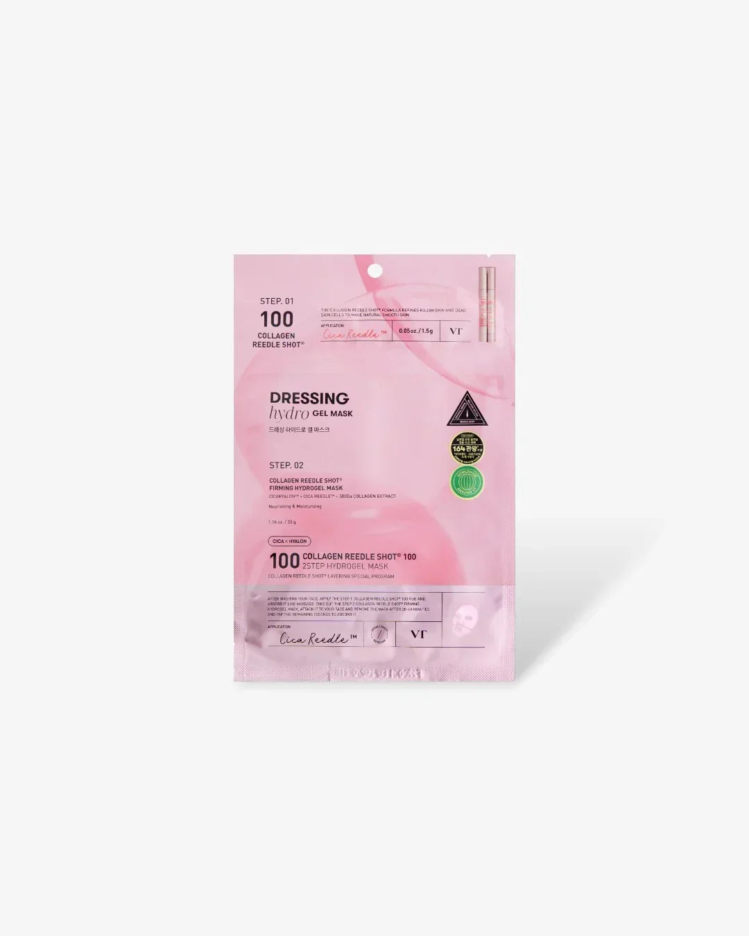 Pink packaging of VT Dressing Hydro Gel Mask with collagen needle shot and firming hydrogel mask