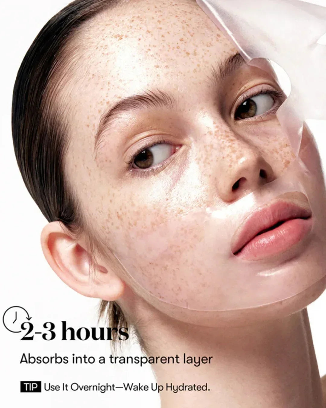 Close-up of woman peeling off transparent collagen hydrogel face mask, showing hydrated skin