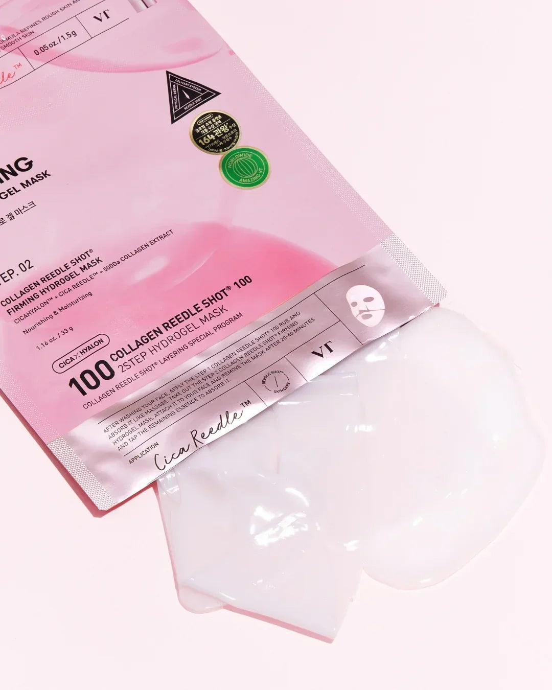 Pink packaging of 100 Collagen Reedle Shot 2Step Hydrogel Mask with clear gel mask on light pink background