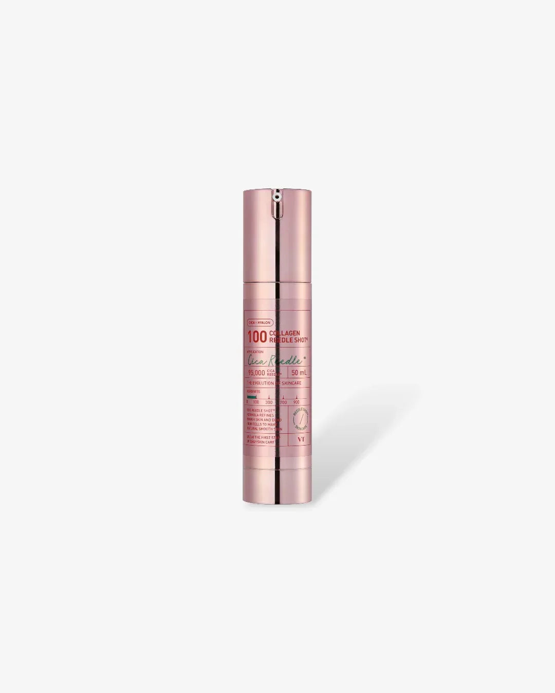 Pink metallic bottle of Collagen Reedle Shot skincare serum on white background