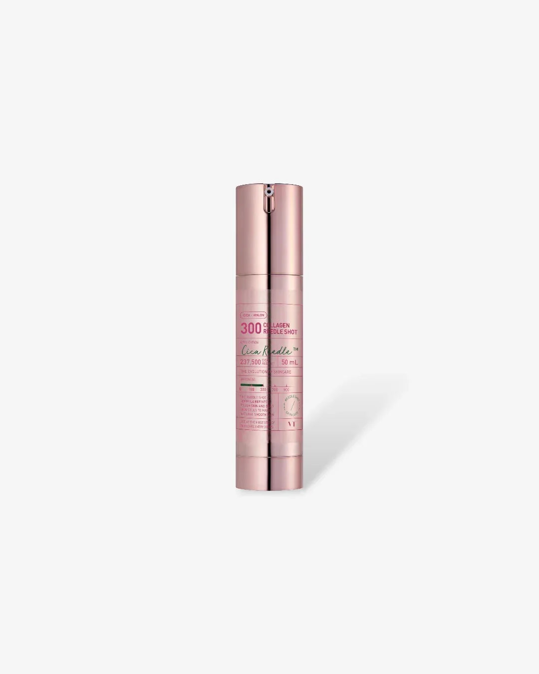 Rose gold bottle of 300 Collagen Needle Shot skincare serum on white background