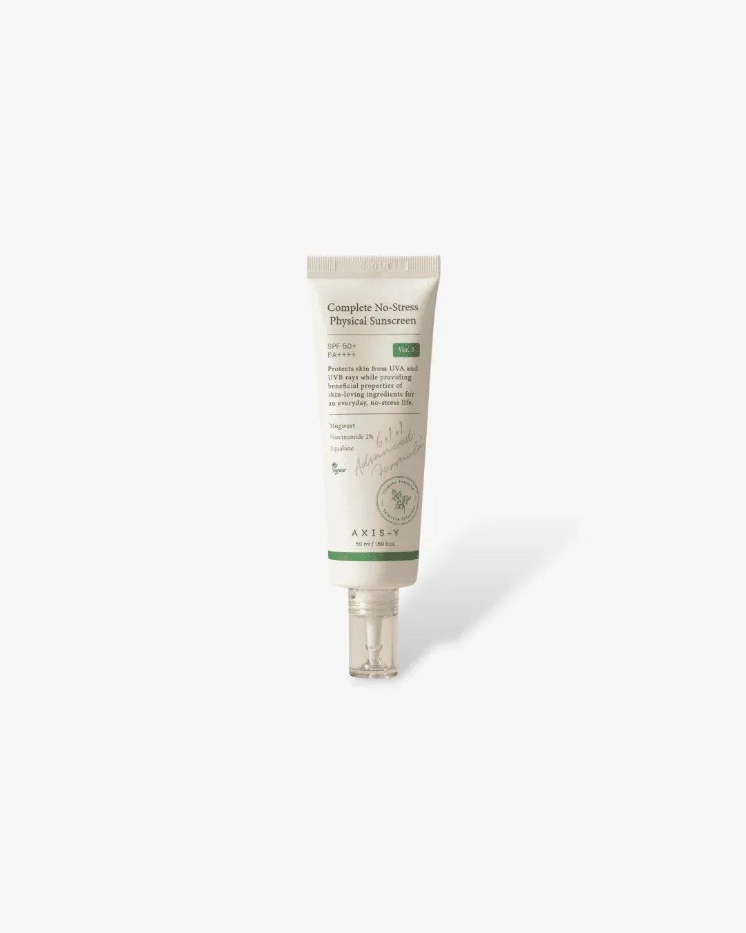 Tube of Axis-Y Complete No-Stress Physical Sunscreen SPF 50+ PA++++ on white background