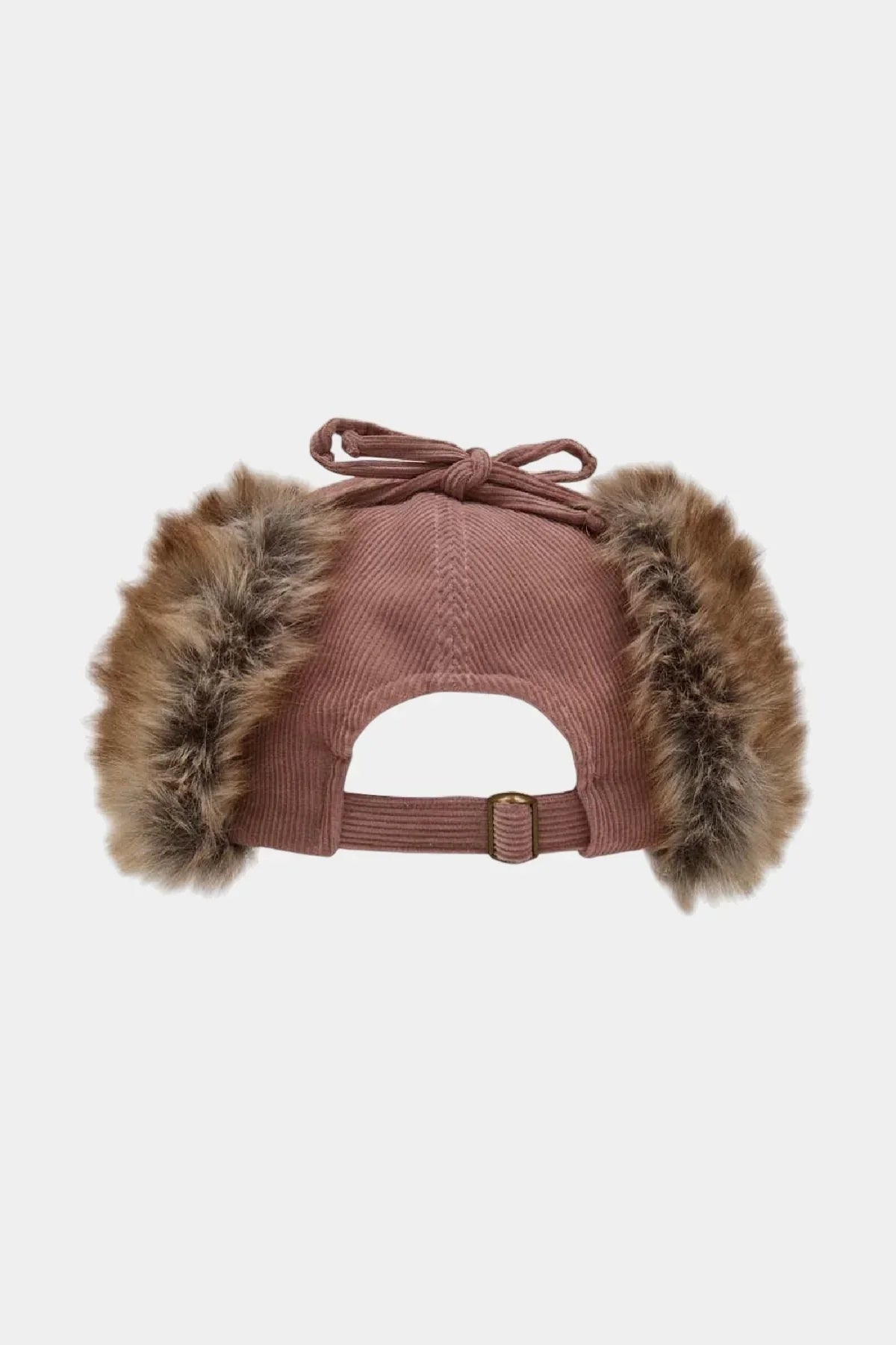 Pink corduroy trooper cap with faux fur ear flaps and adjustable back strap
