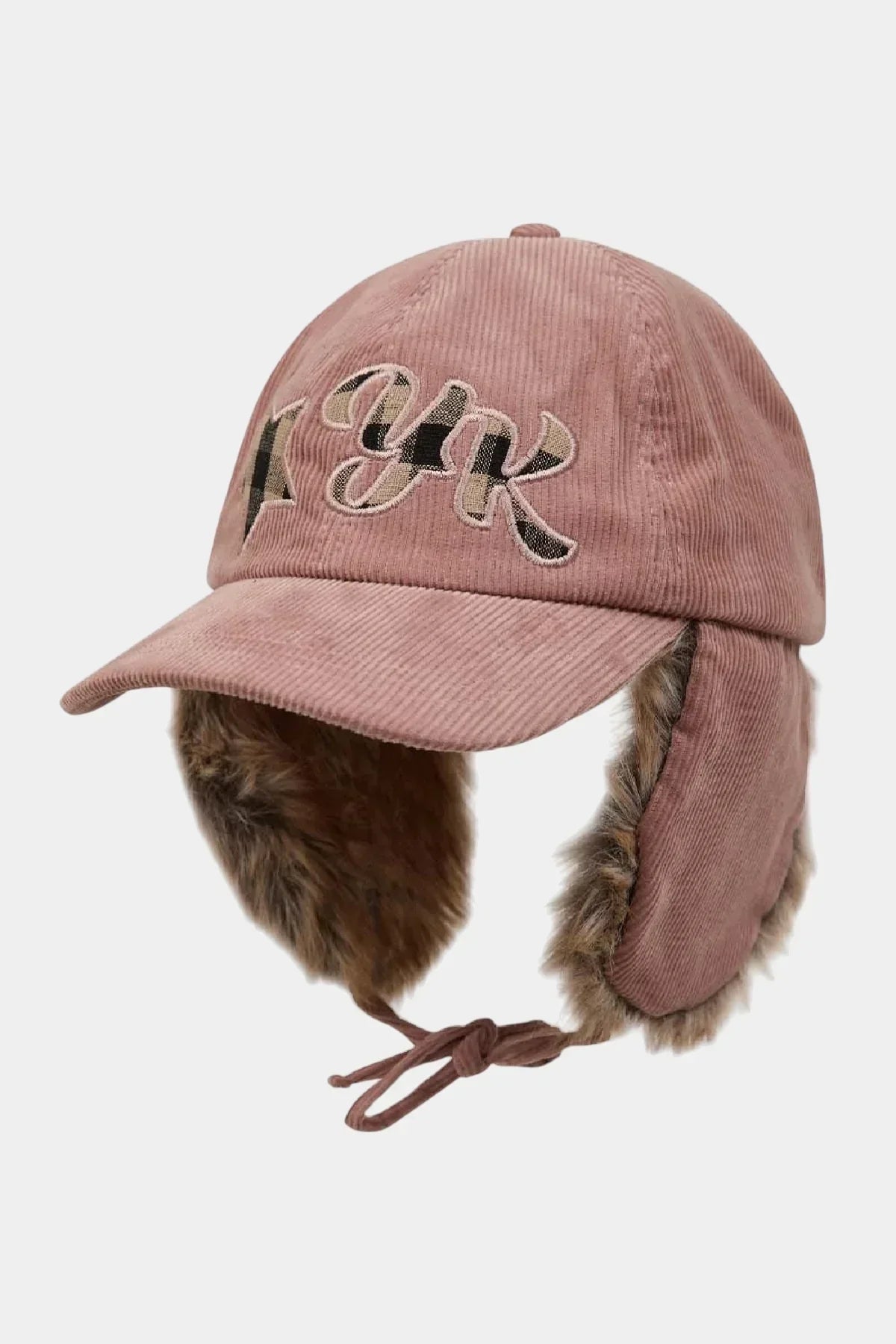 Pink corduroy trooper cap with fur-lined ear flaps and check applique detail
