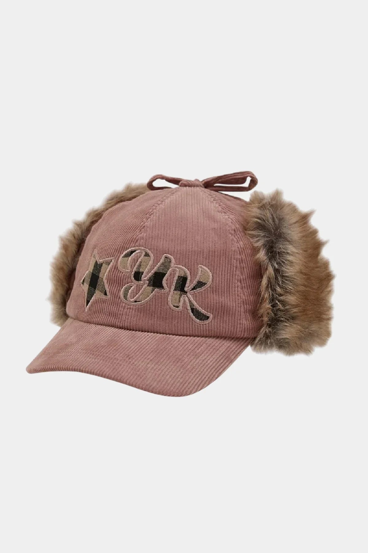 Pink corduroy trooper cap with faux fur ear flaps and check pattern applique on front