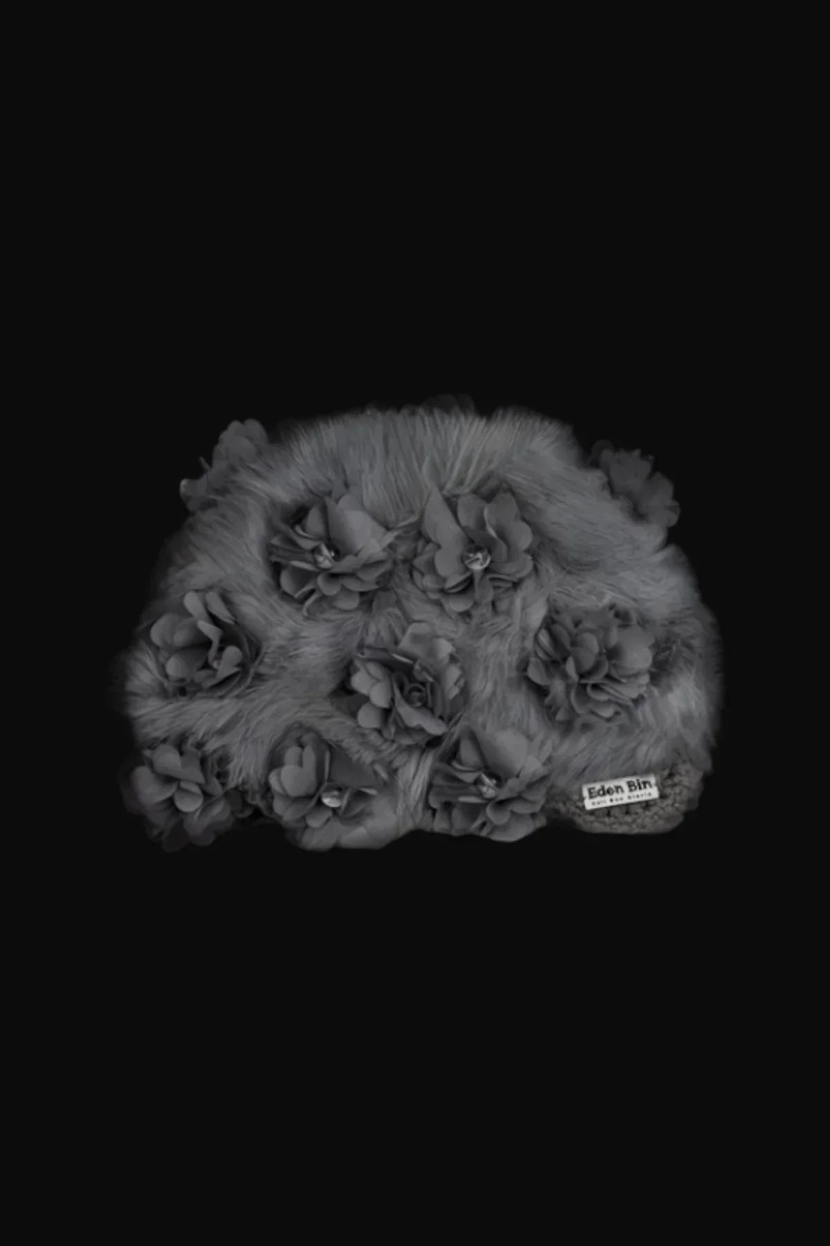 Grey mink fur crochet beanie with multiple couture flower appliques and Eden Bin label