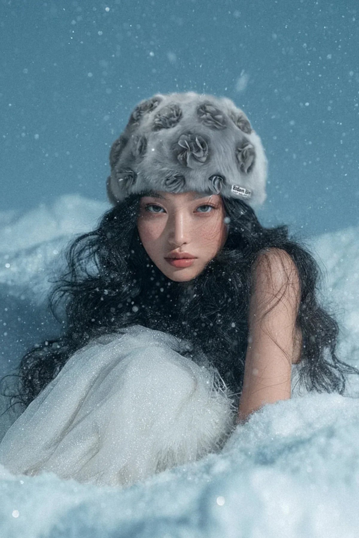 Woman wearing grey mink fur crochet beanie with flower appliques in snowy winter landscape