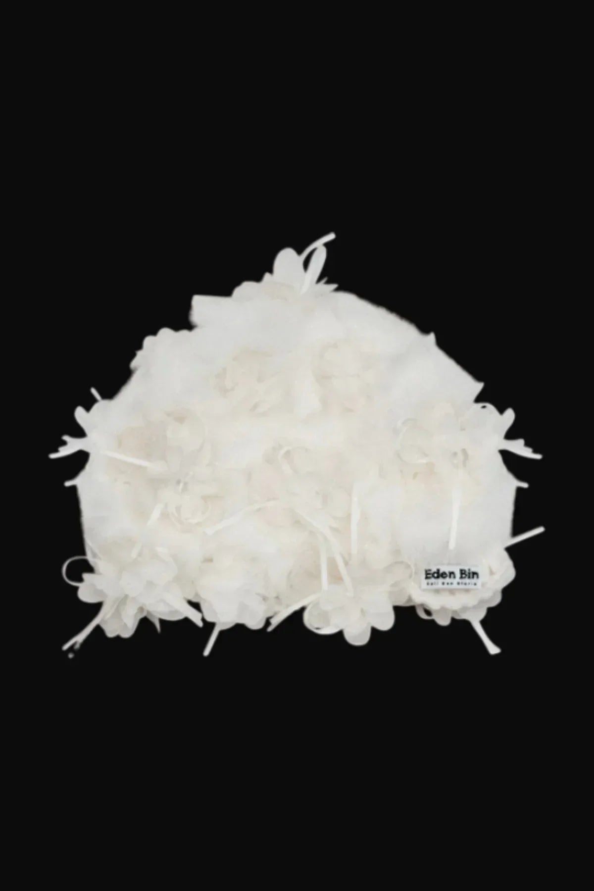Ivory white mink fur crochet beanie with 3D floral appliques and Eden Bin label