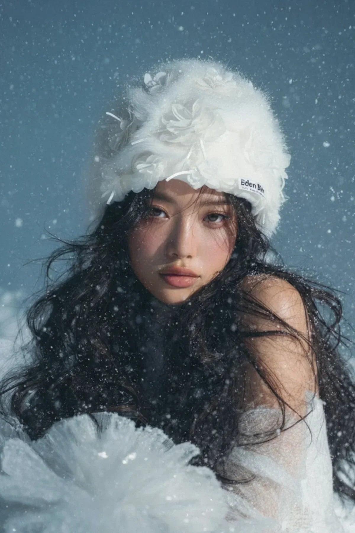 Woman with long dark hair wearing white mink fur crochet beanie with flower appliques in snowy setting