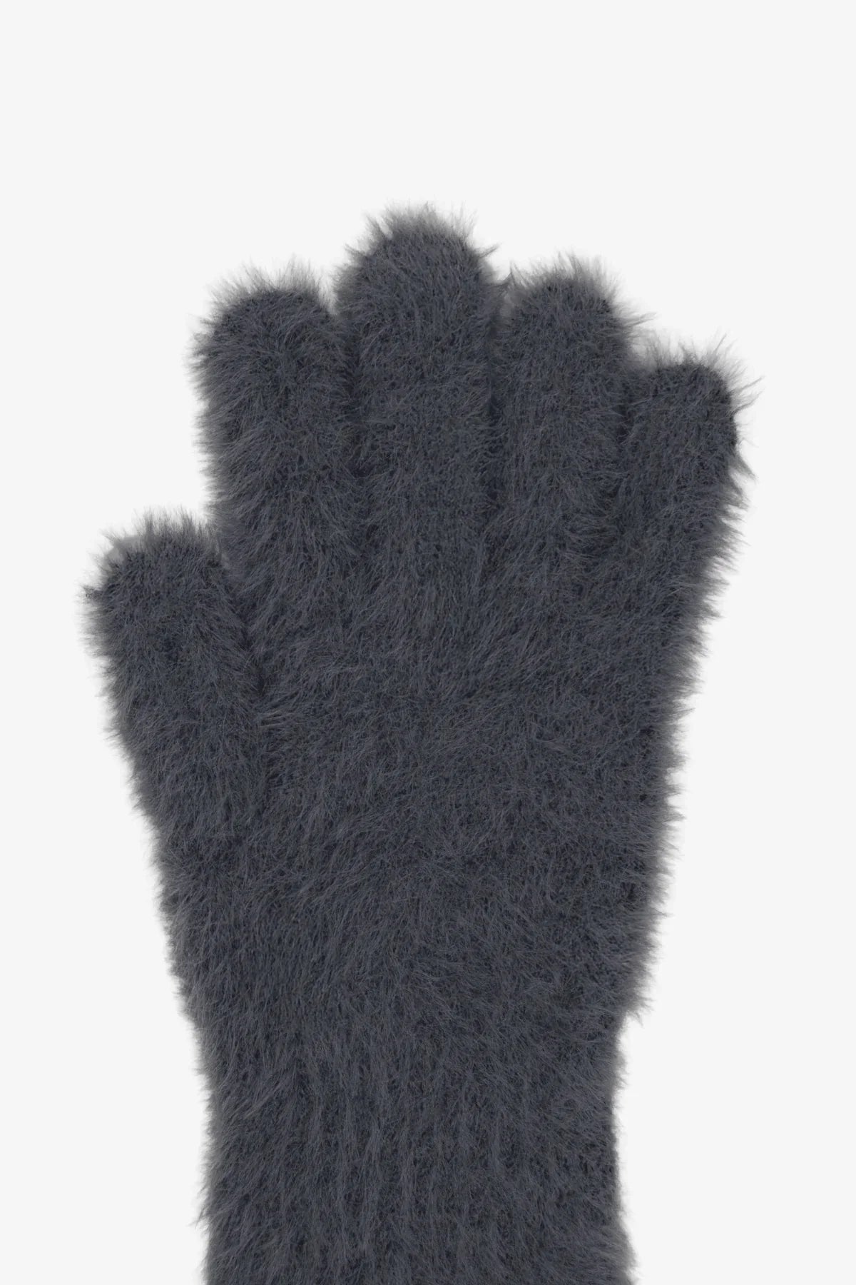 Close-up of a single grey fuzzy warm knit glove on a white background