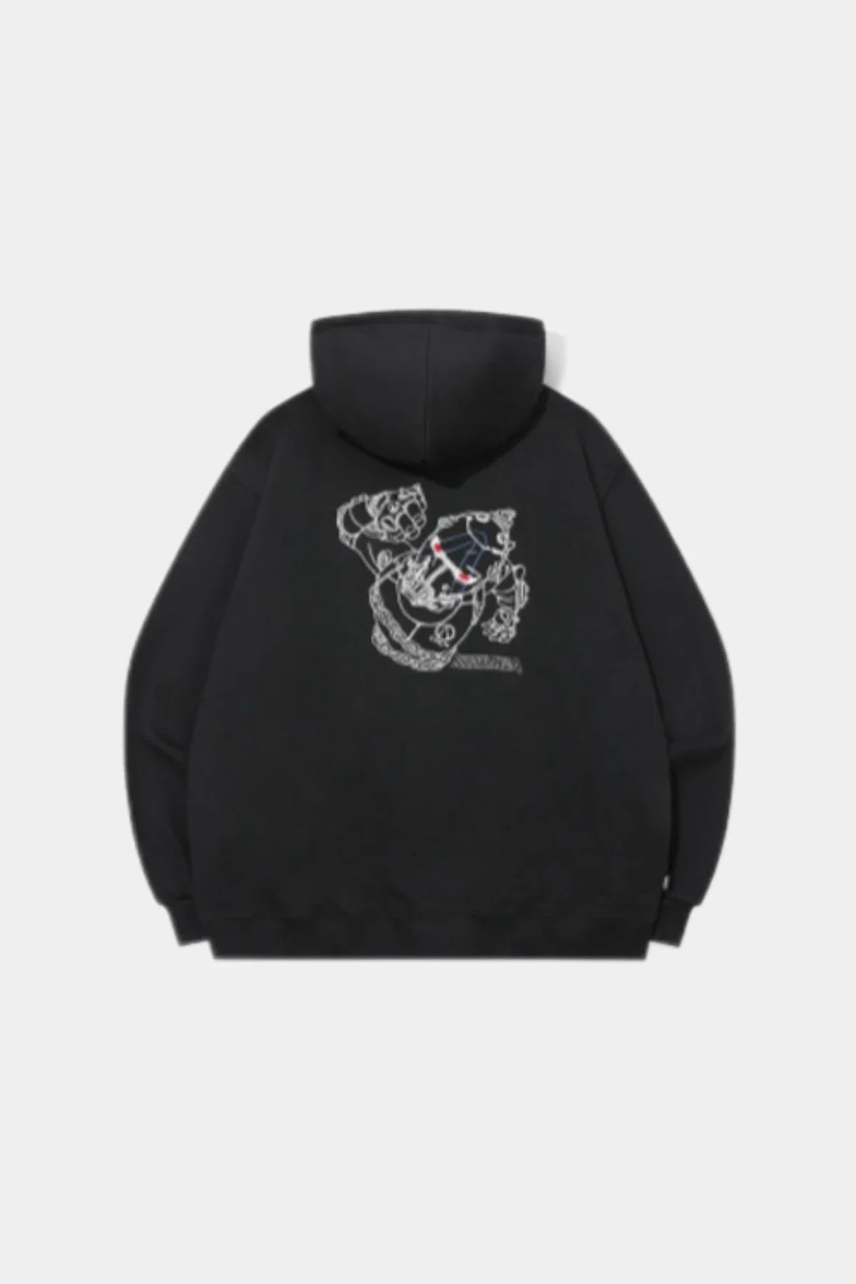 Black zip-up hoodie with hood featuring white outlined cartoon character on the back