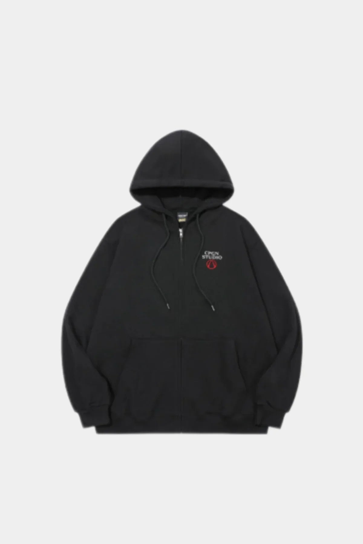 Black zip-up hoodie with hood, front pockets, and small white and red Open Studio logo on chest