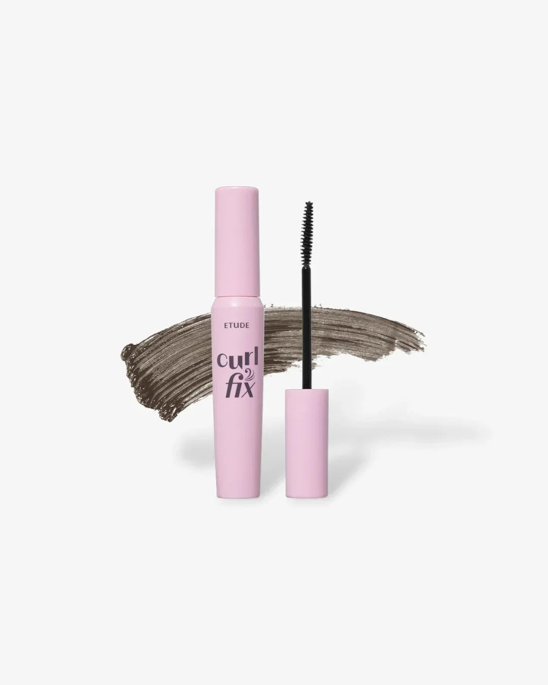 Etude Curl Fix mascara in pink tube with gray brown mascara swatch and applicator brush
