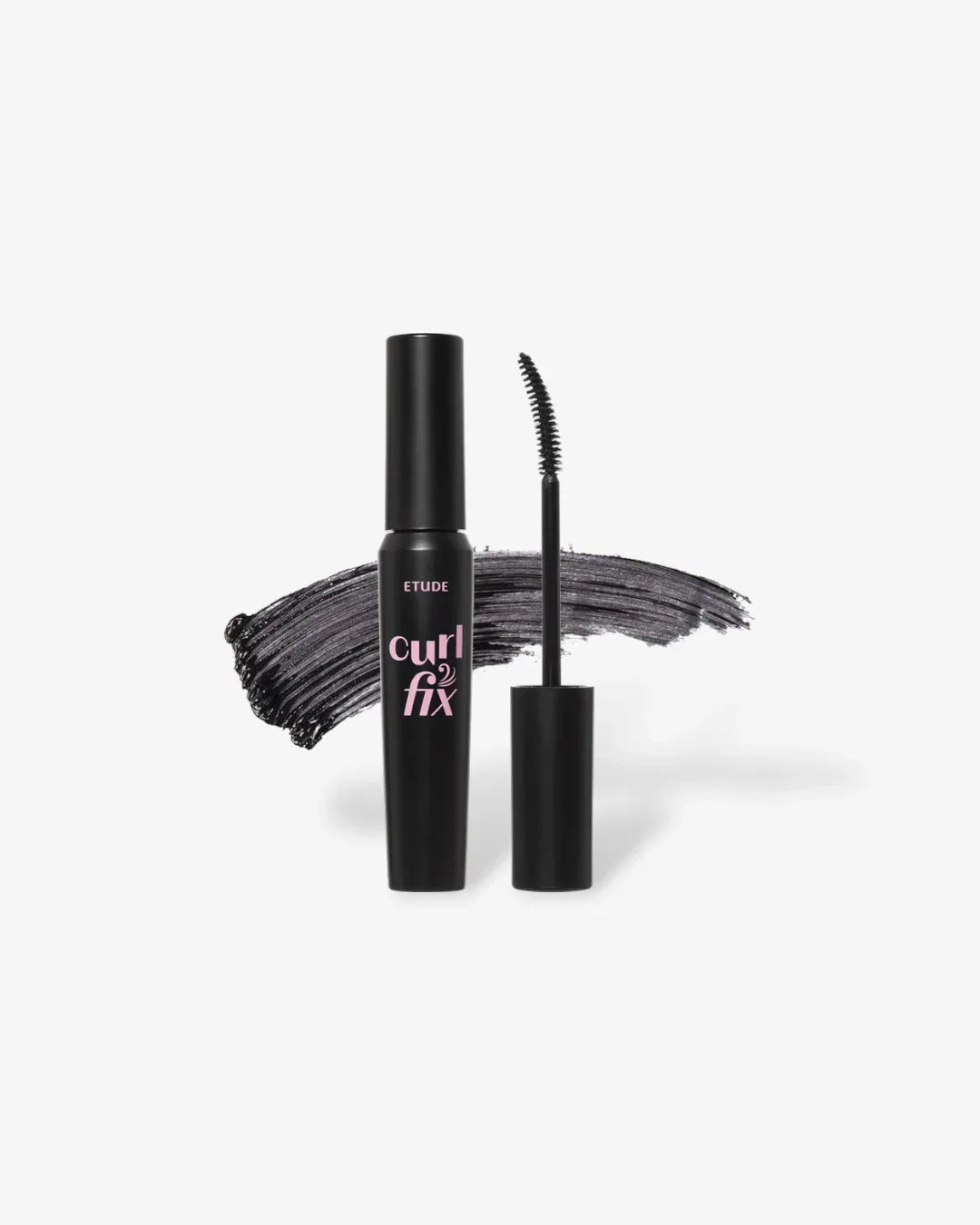 Etude Curl Fix Volume mascara with curved brush and black mascara stroke on white background