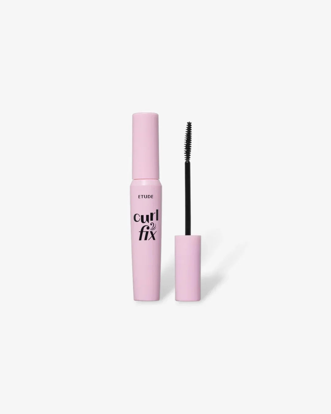 Pink ETUDE Curl Fix mascara tube with wand on white background