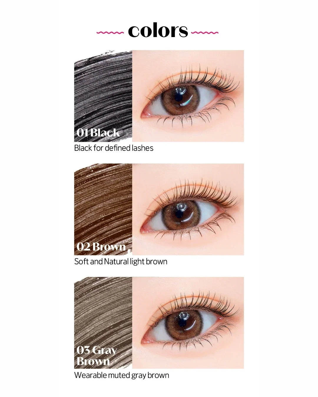 Mascara color swatches with close-up eyes showing Black, Brown, and Gray Brown lash colors