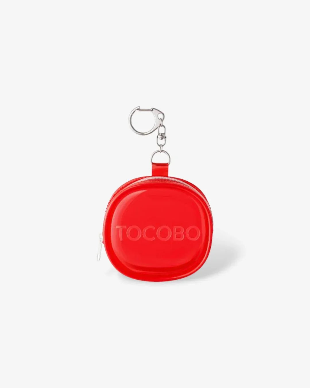 Red TOCOBO branded cushion pouch keyring with zipper and metal keychain on white background