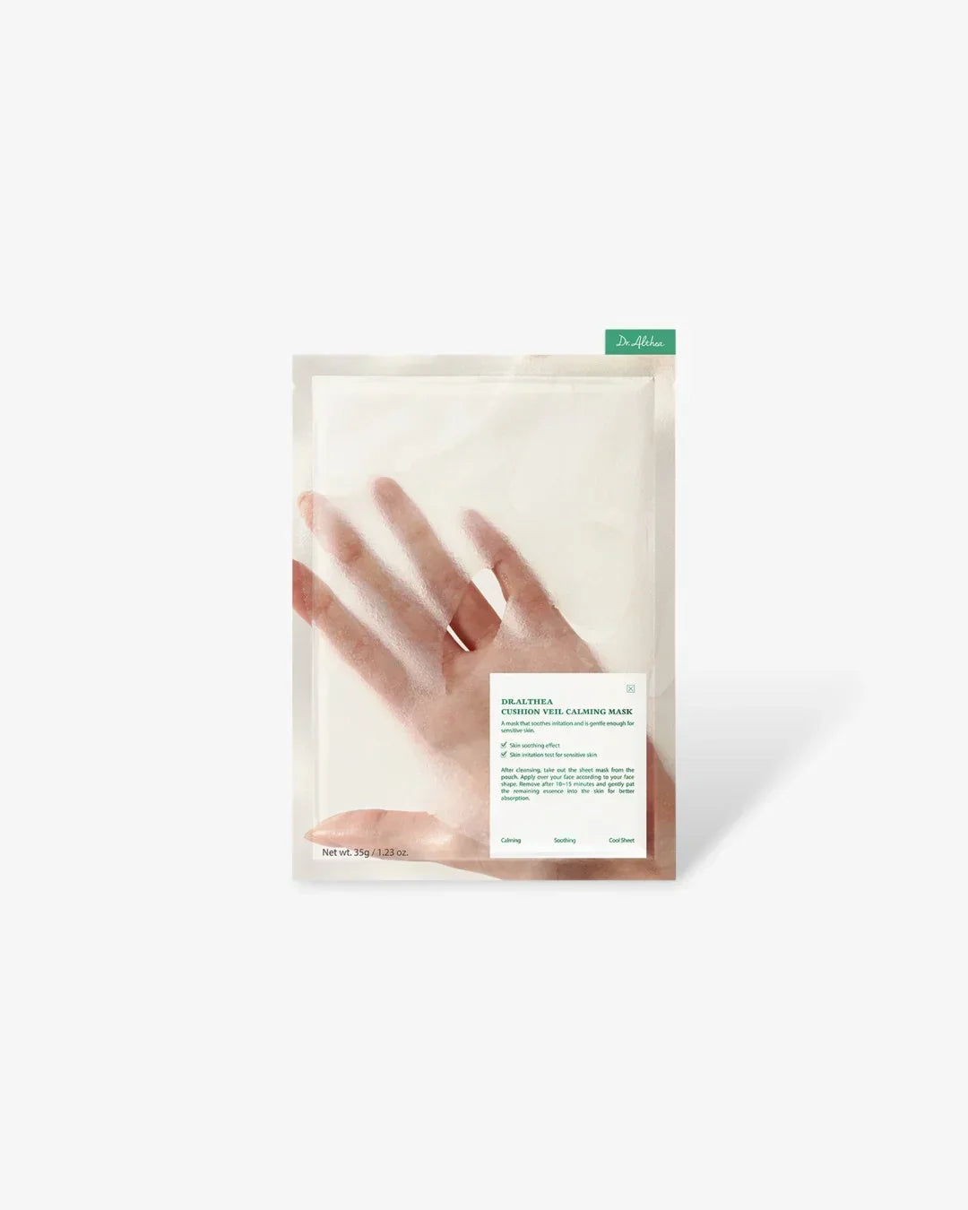 Dr.Althea Cushion Veil Calming Mask transparent packaging held by hand with green label