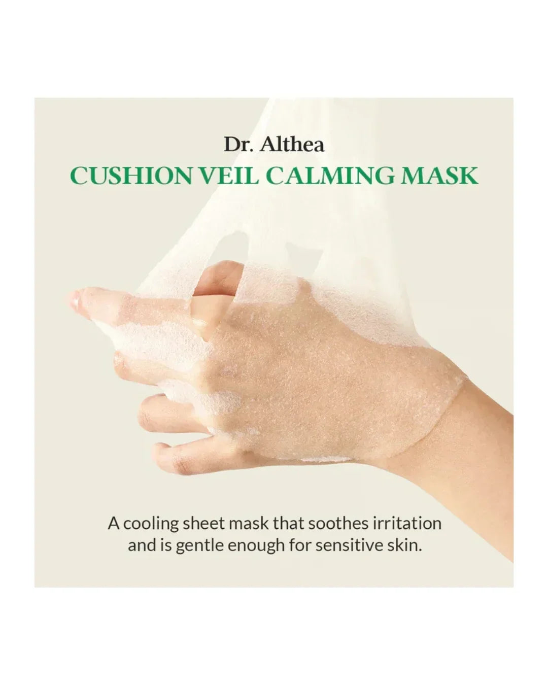 Hand demonstrating transparent Dr. Althea Cushion Veil Calming Mask sheet for sensitive skin