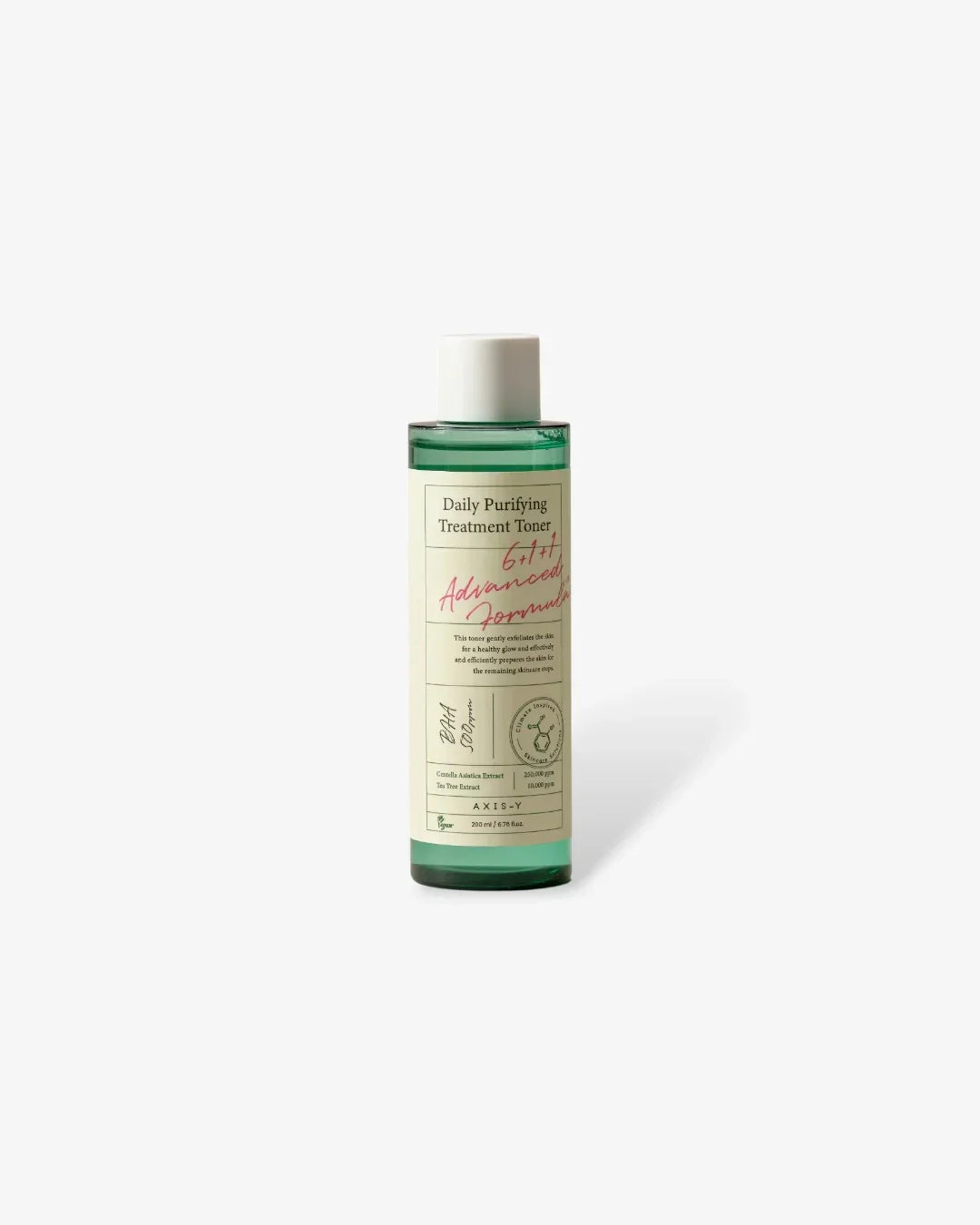 Green bottle of Daily Purifying Treatment Toner with white cap on white background, skincare product
