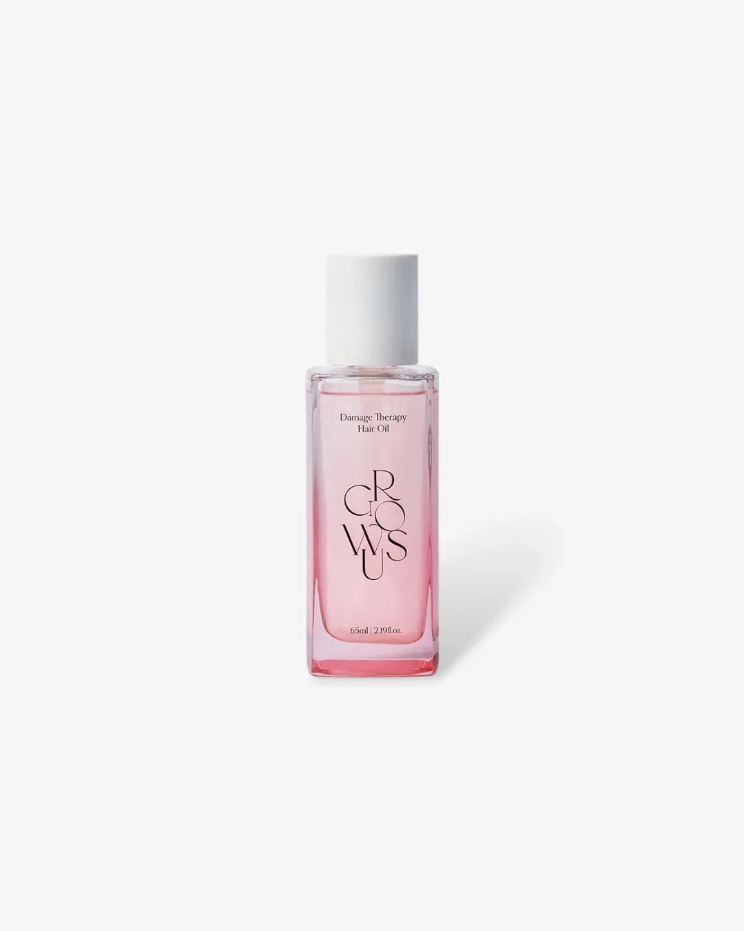Clear pink bottle of Growsu Damage Therapy Hair Oil 65ml with white cap on white background