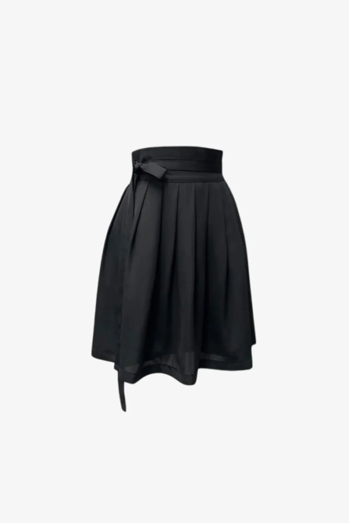 Black pleated mini skirt with a high waistband and side tie belt detail on white background