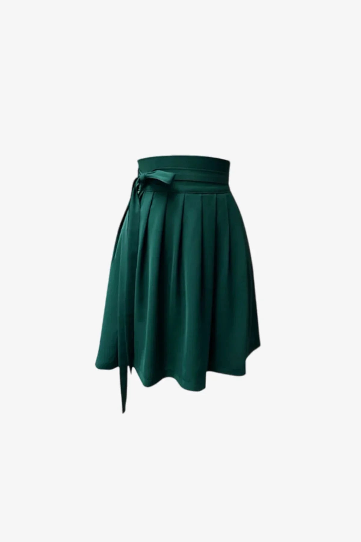 Dark green mini skirt with pleats and a tied waistband detail on white background