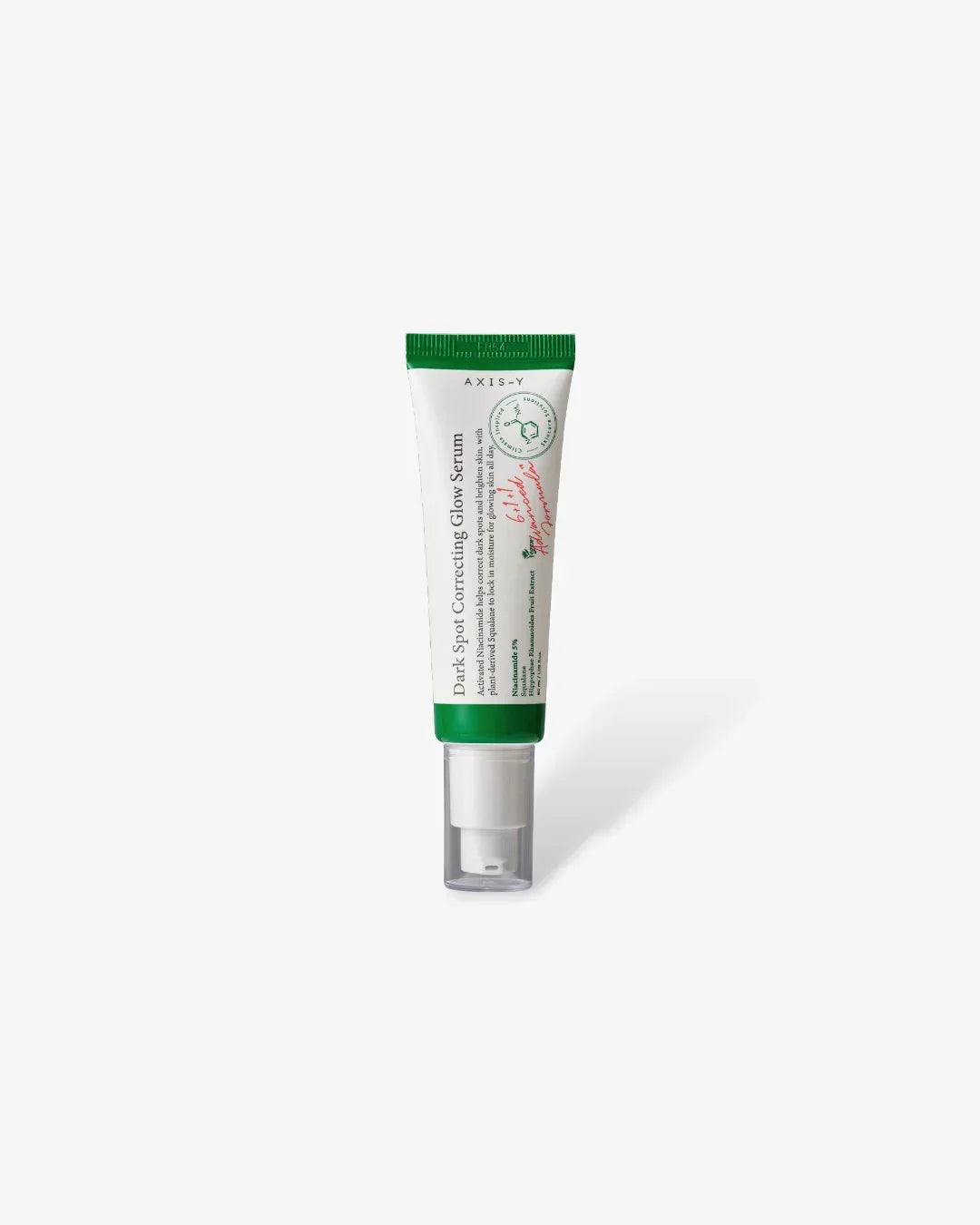 Axis-Y Dark Spot Correcting Glow Serum 50ml tube with green cap and white pump on white background