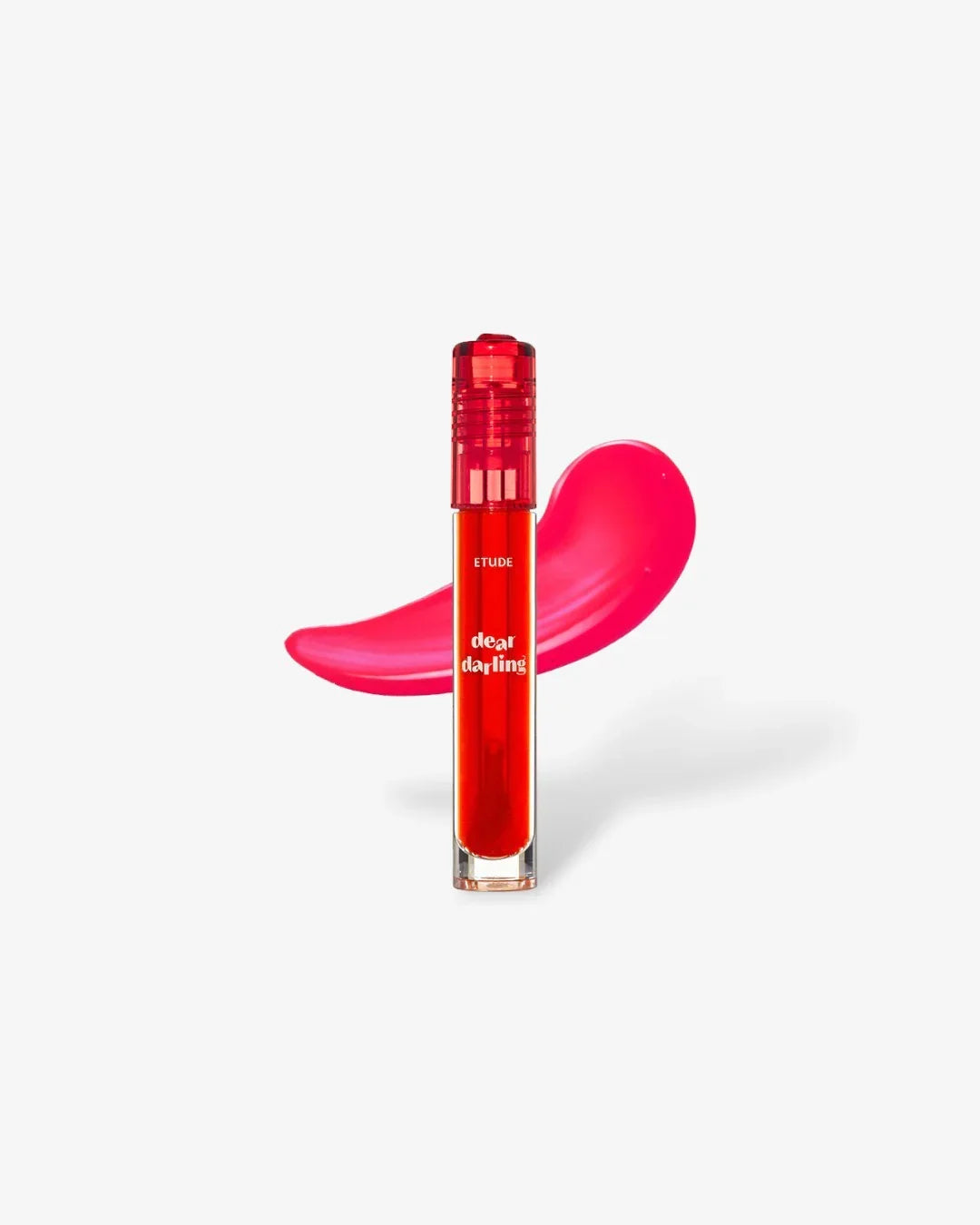 Etude Dear Darling red lip tint with tangerine red color swatch on white background