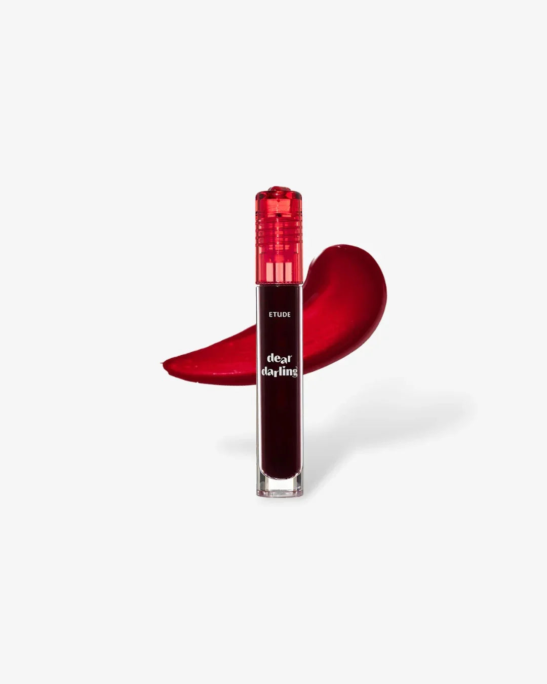 Etude Dear Darling Water Gel lip tint in Dracula Red with red lip color swatch on white background