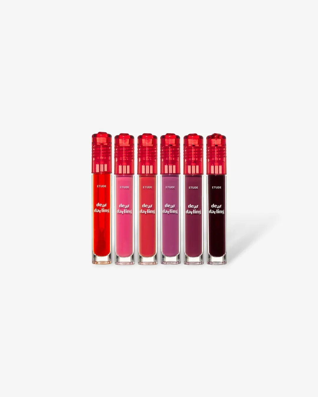 Row of six Etude Dear Darling water gel lip tints in red, pink, coral, mauve, purple, and dark berry shades