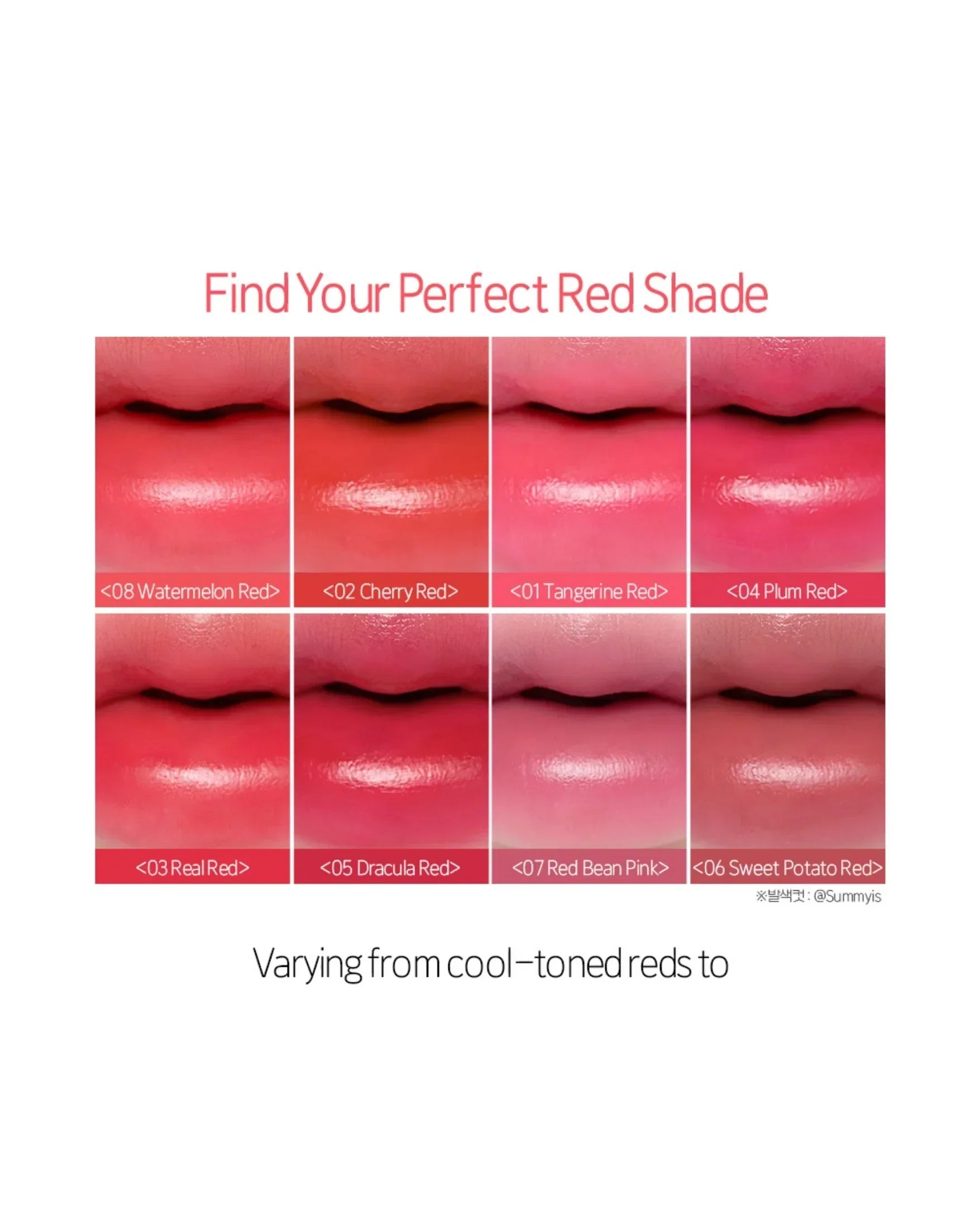 Close-up of lips showcasing eight red lip gel shades: Watermelon, Cherry, Tangerine, Plum, Real, Dracula, Red Bean Pink, Sweet Potato Red
