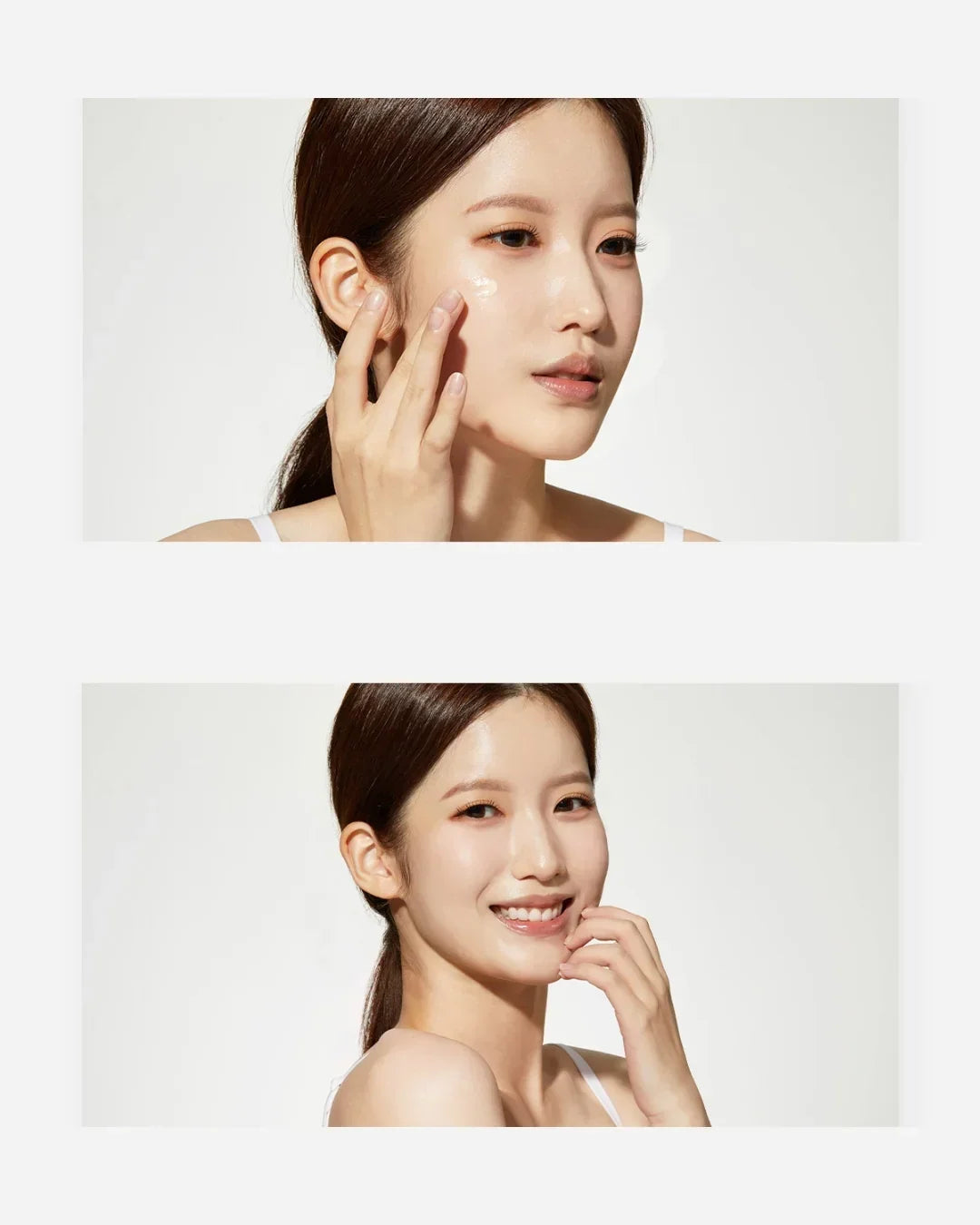Young woman applying and smiling with glowing, clear skin in skincare cream beauty shots
