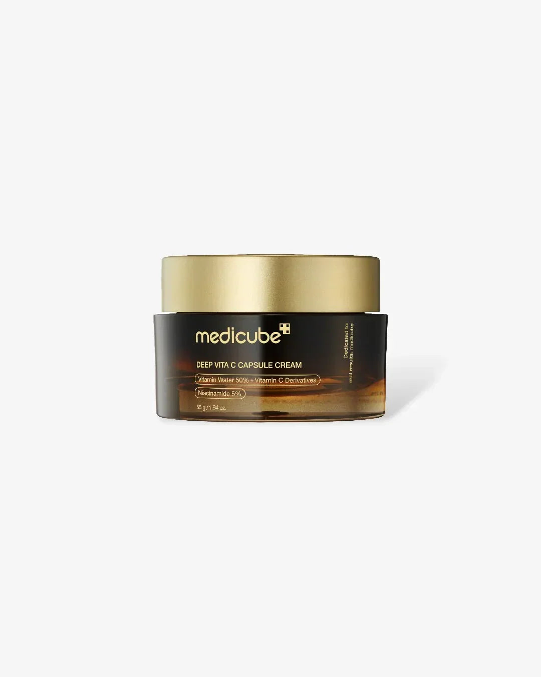 Medicube Deep Vita C Capsule Cream in amber jar with gold lid, Vitamin C and Niacinamide formulas