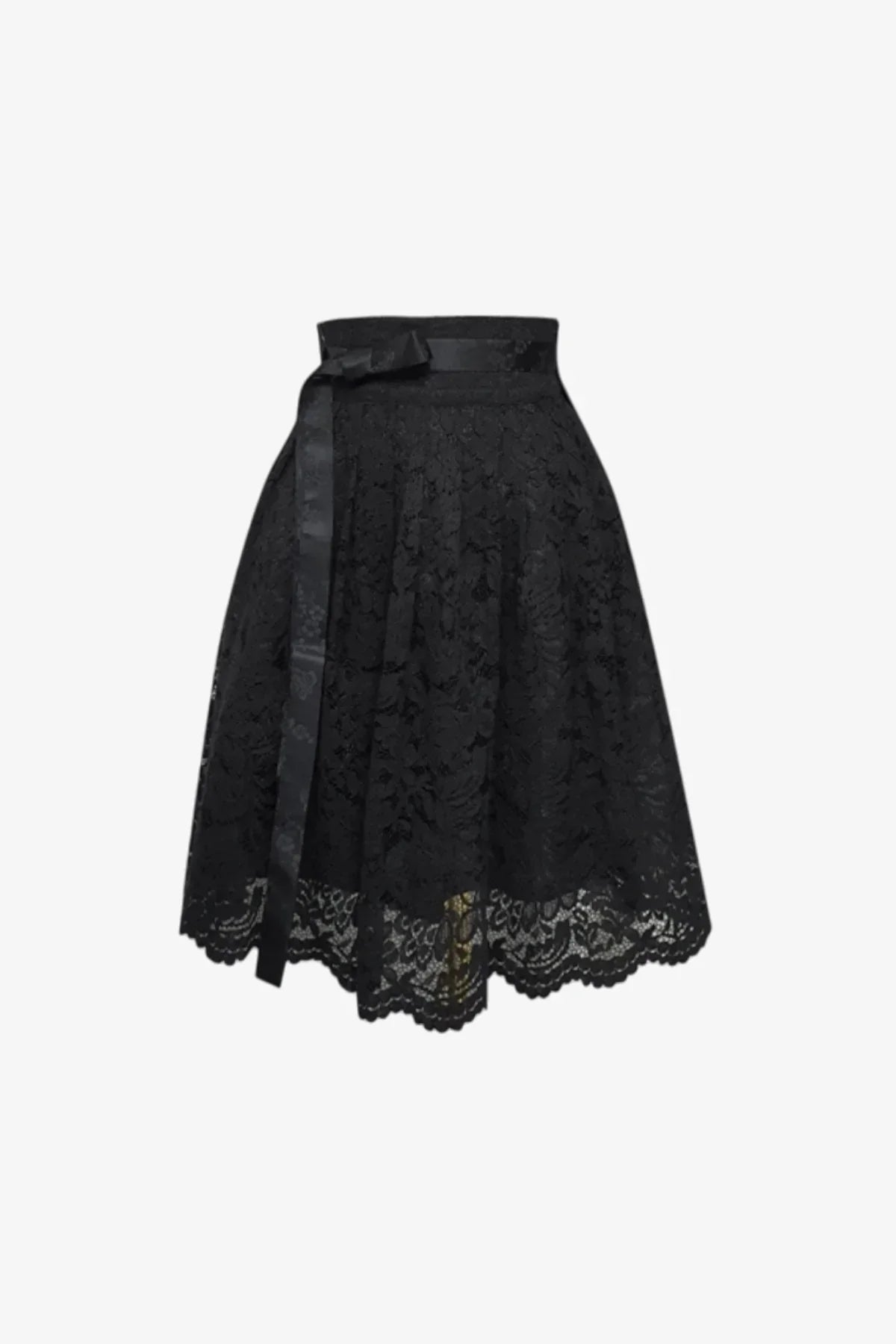 Black lace mini skirt with floral pattern and satin ribbon bow on waist