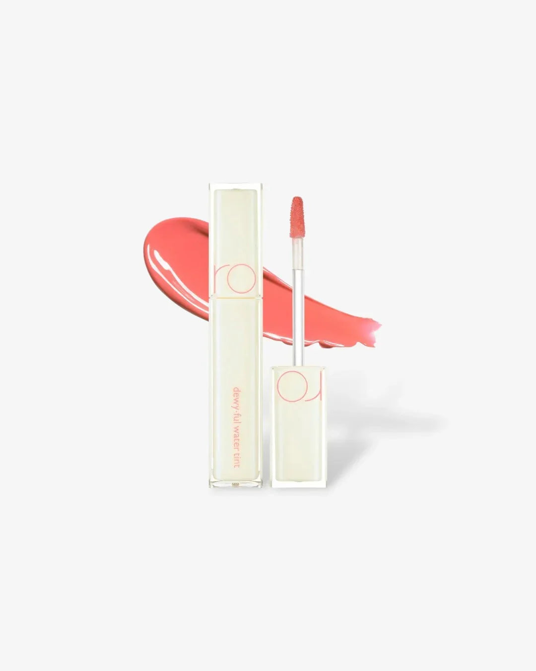 Dewy-ful Water Tint lip gloss in shade Cotton Melba with applicator and coral pink swatch