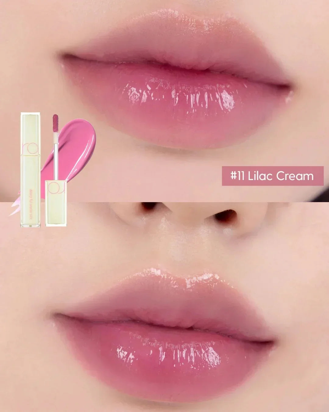 Close-up of lips wearing glossy lilac cream lip tint #11 with applicator and swatch
