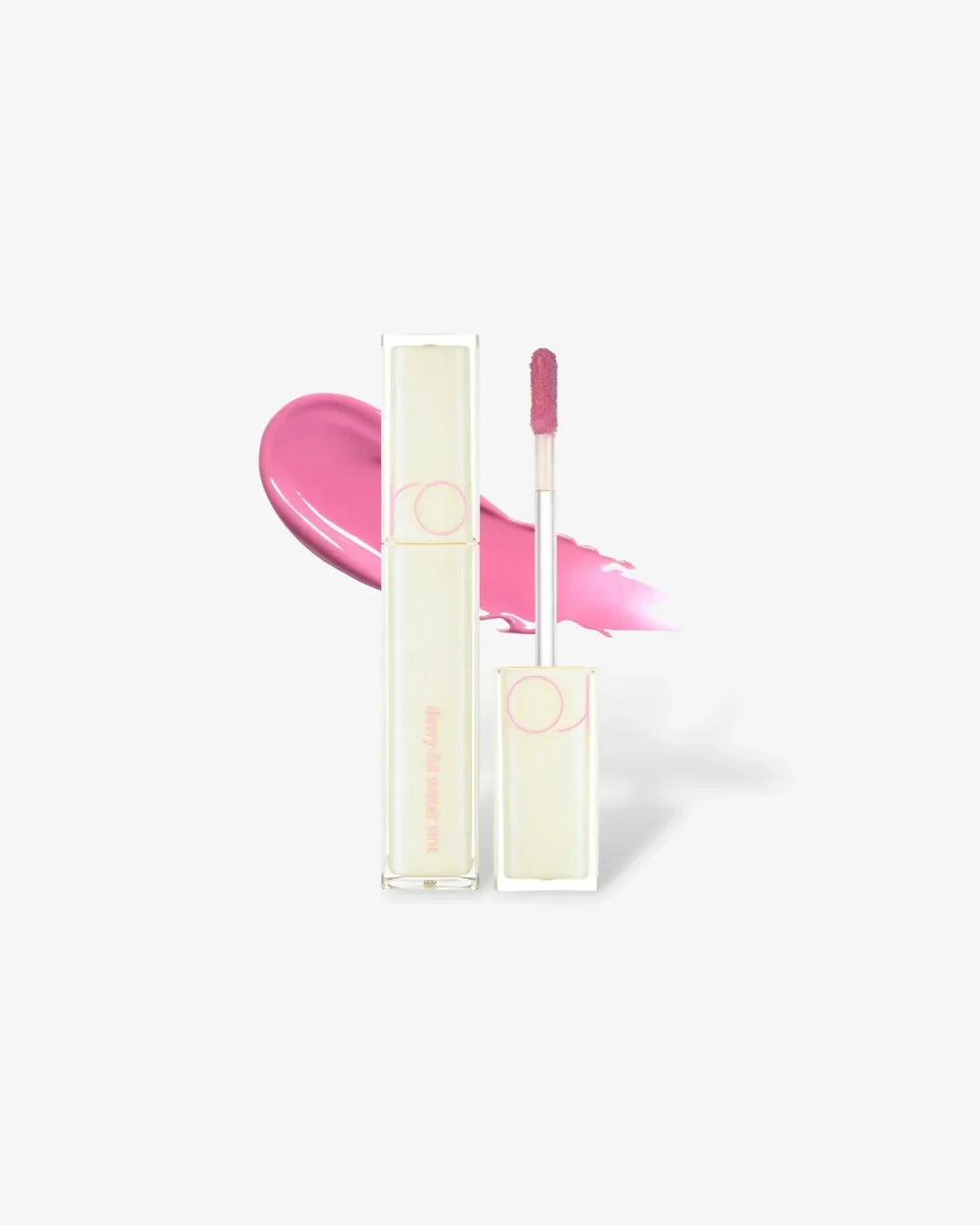 Dewyful Water Tint lip gloss in lilac cream with applicator and pink tint smear on white background