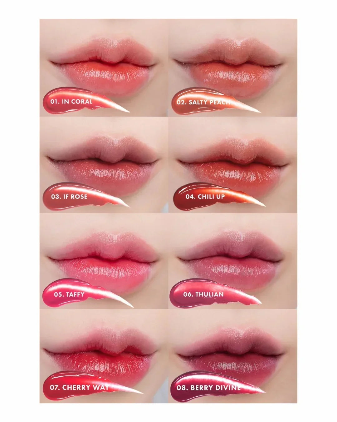 Close-up of lips wearing eight glossy lip tint shades labeled 01 Coral to 08 Berry Divine