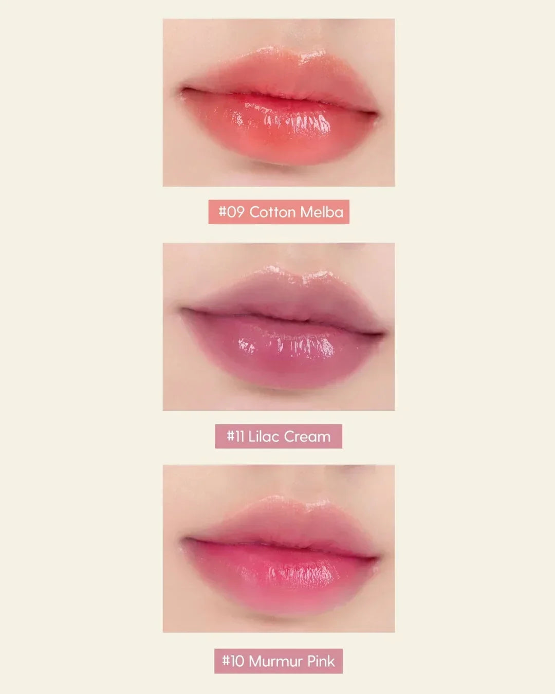 Glossy lip tint shades Cotton Melba coral, Lilac Cream purple, and Murmur Pink vibrant pink on lips