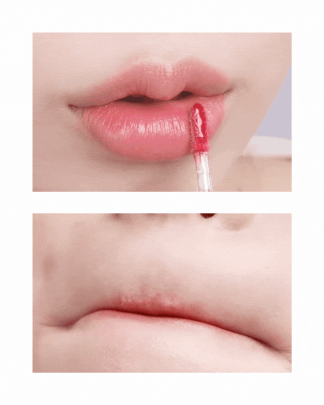 Close-up of lips with glossy red lip tint application and smooth lip texture before and after