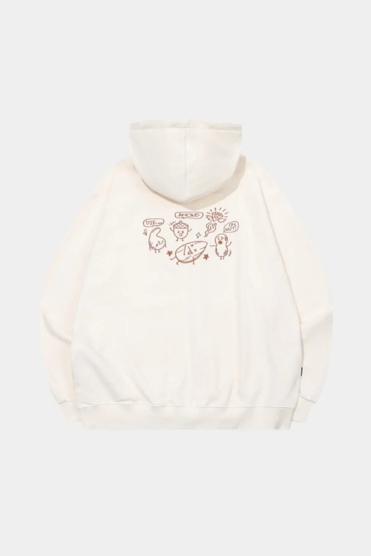 Cream hoodie with brown cartoon nut characters and playful text embroidered on the back