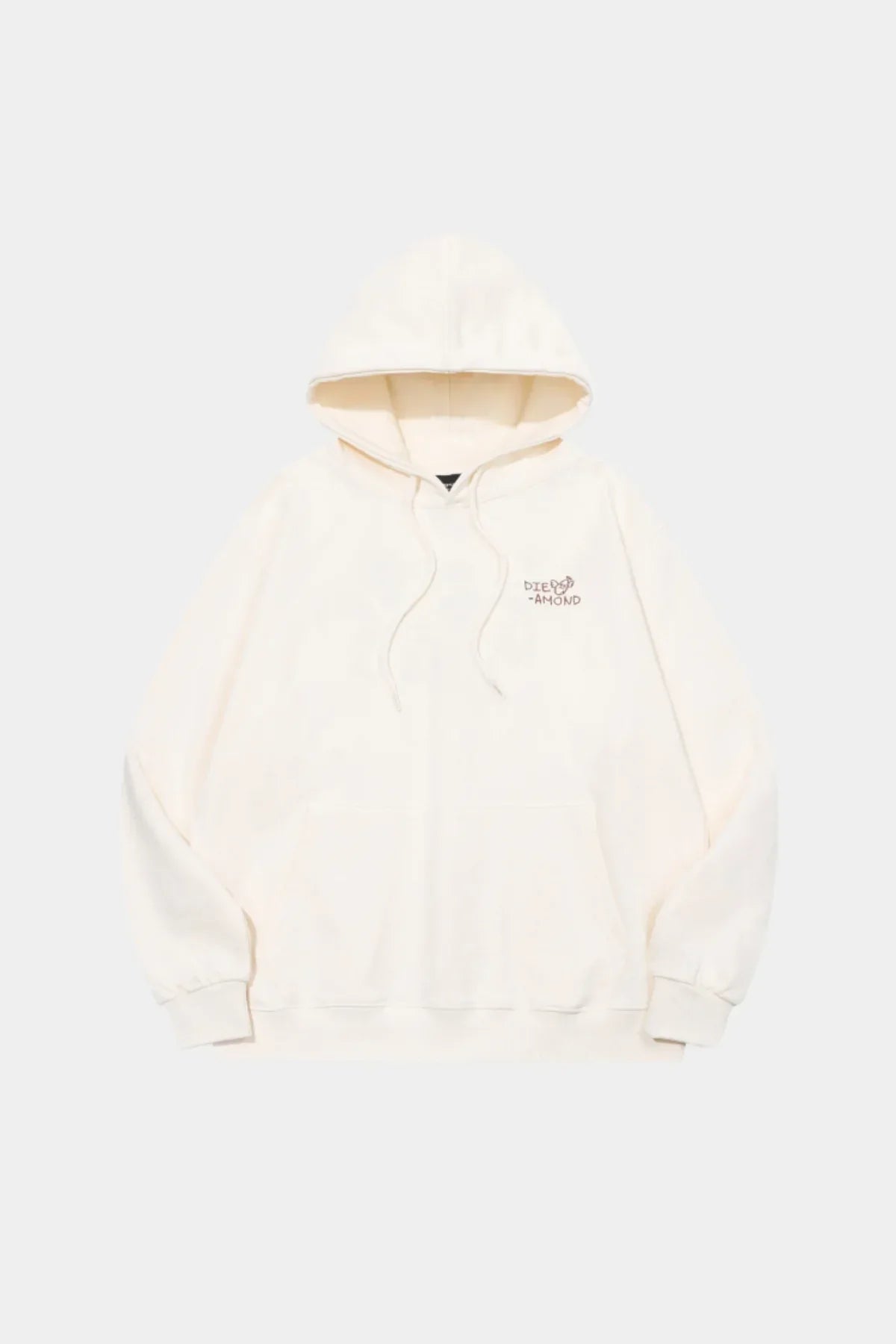 Cream hoodie with diamond embroidered logo and front pocket on white background