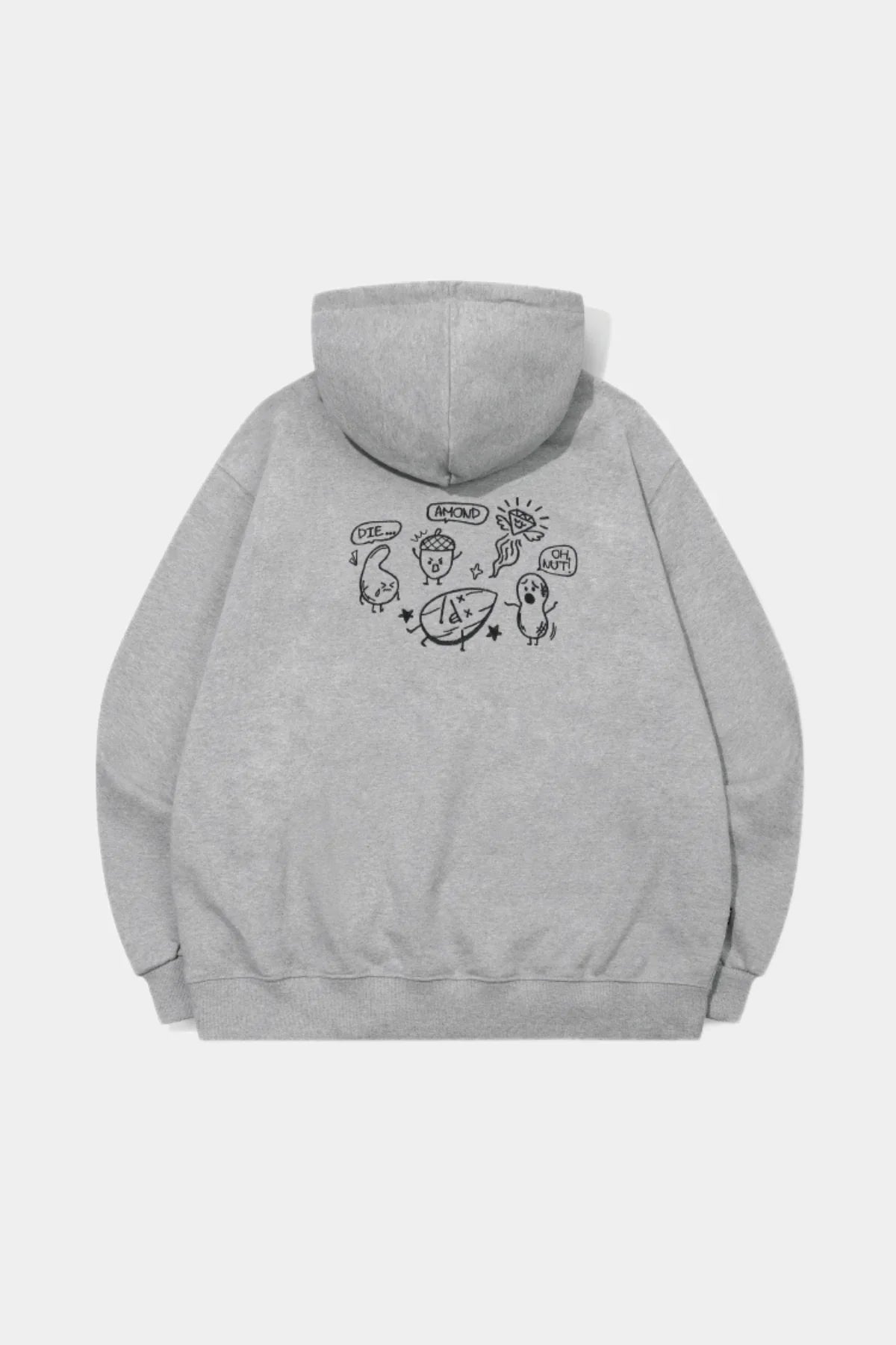 Gray hoodie with black cartoon nut characters and speech bubbles embroidered on back