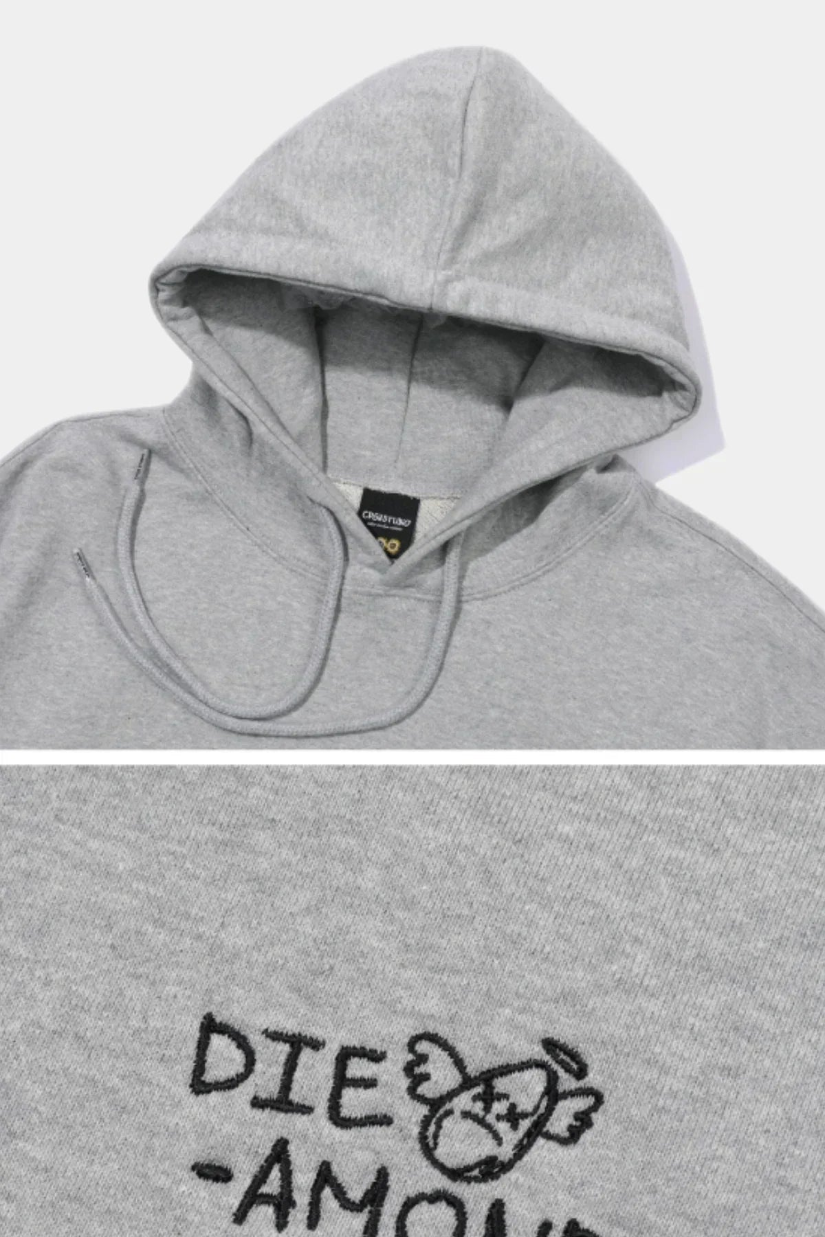 Gray hoodie with drawstrings featuring black embroidered die-amon graphic and angel fish design detail