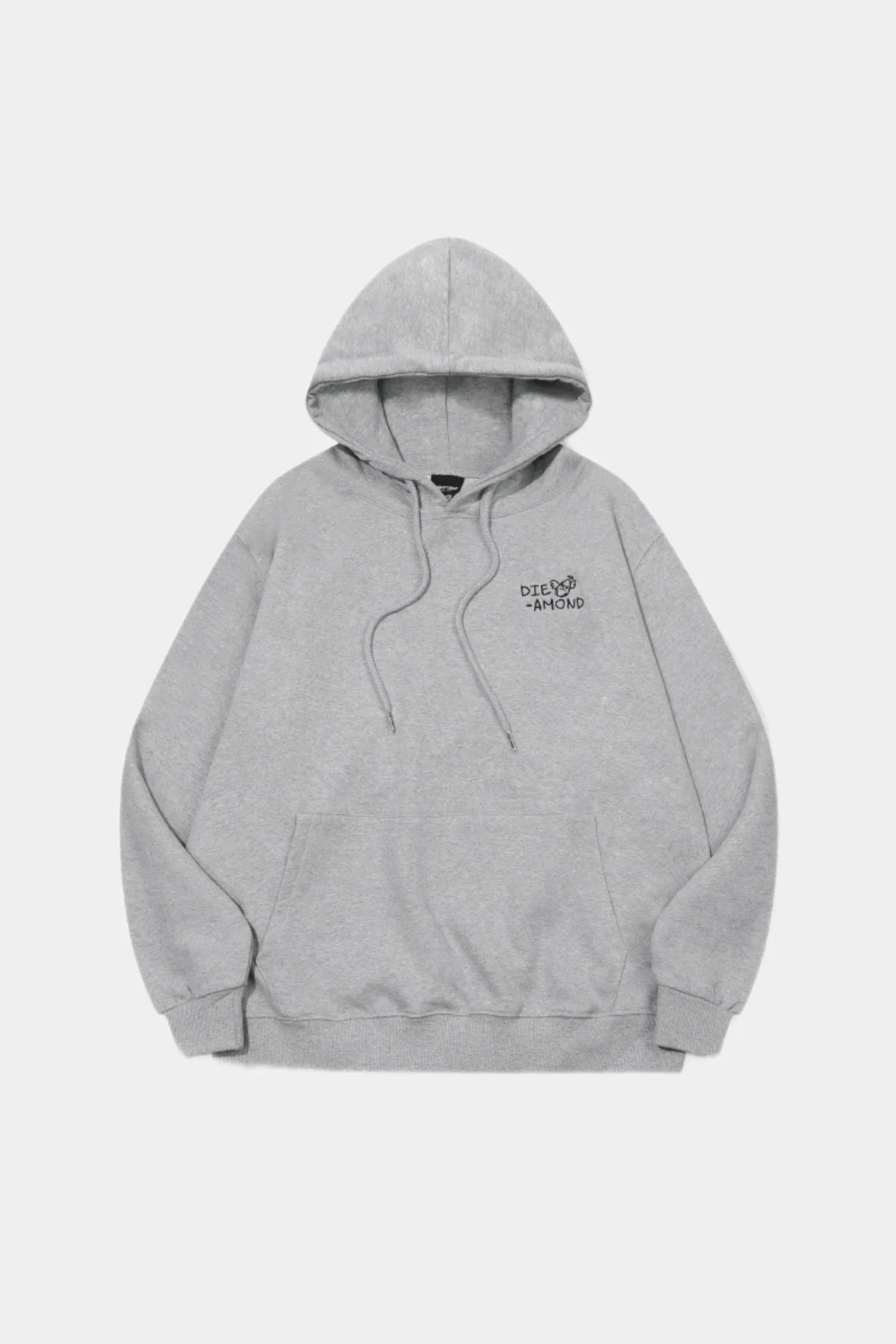 Gray hoodie with front pocket and black diamond logo text on chest, casual streetwear sweatshirt
