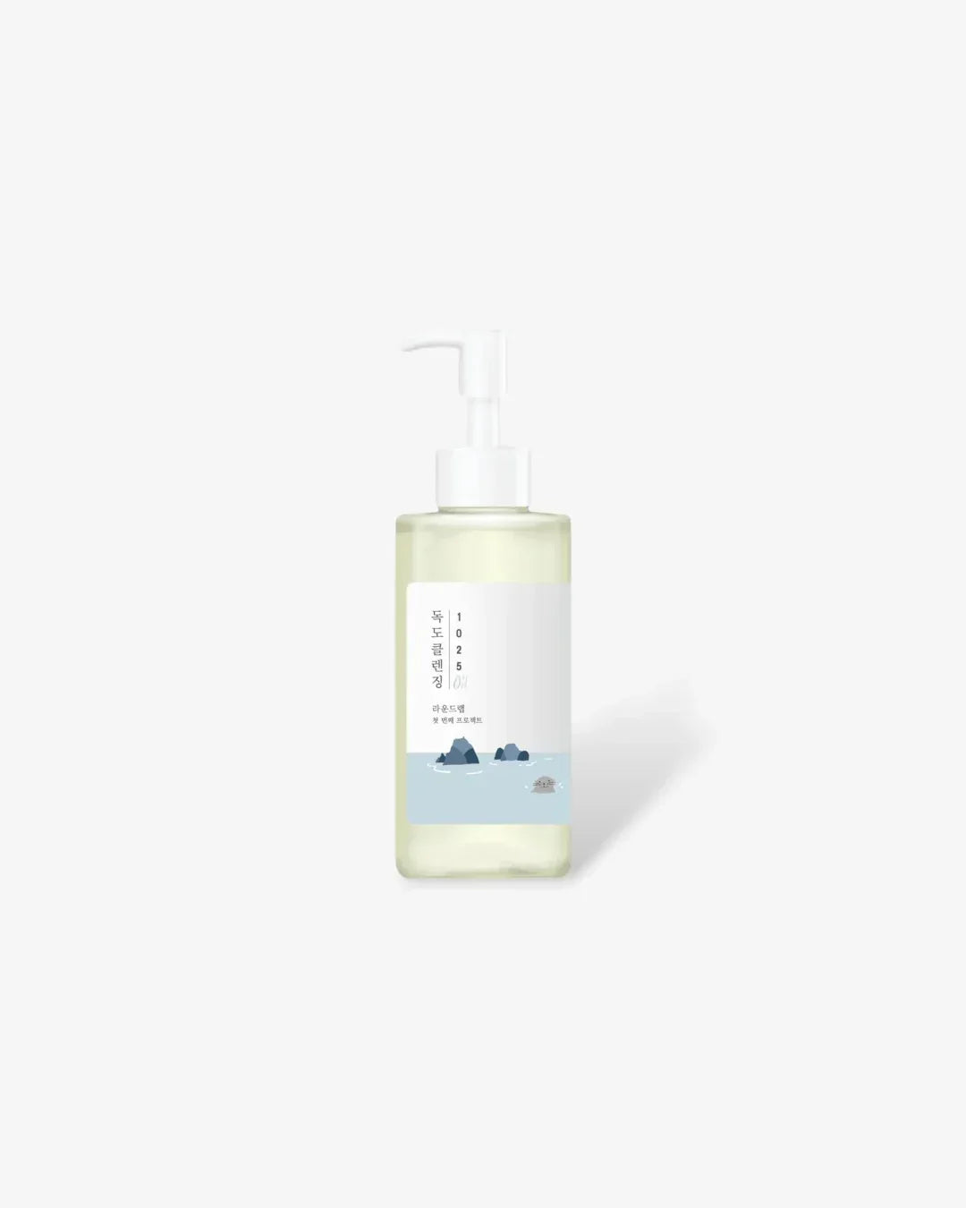 Clear bottle of Dokdo Cleansing Oil 200ml with white pump and blue ocean label