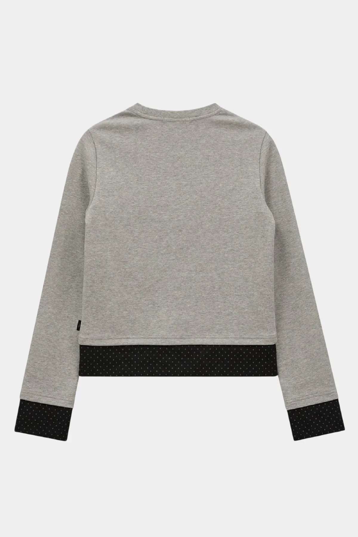 Back view of grey long sleeve layered t-shirt with black dotted cuffs and hem