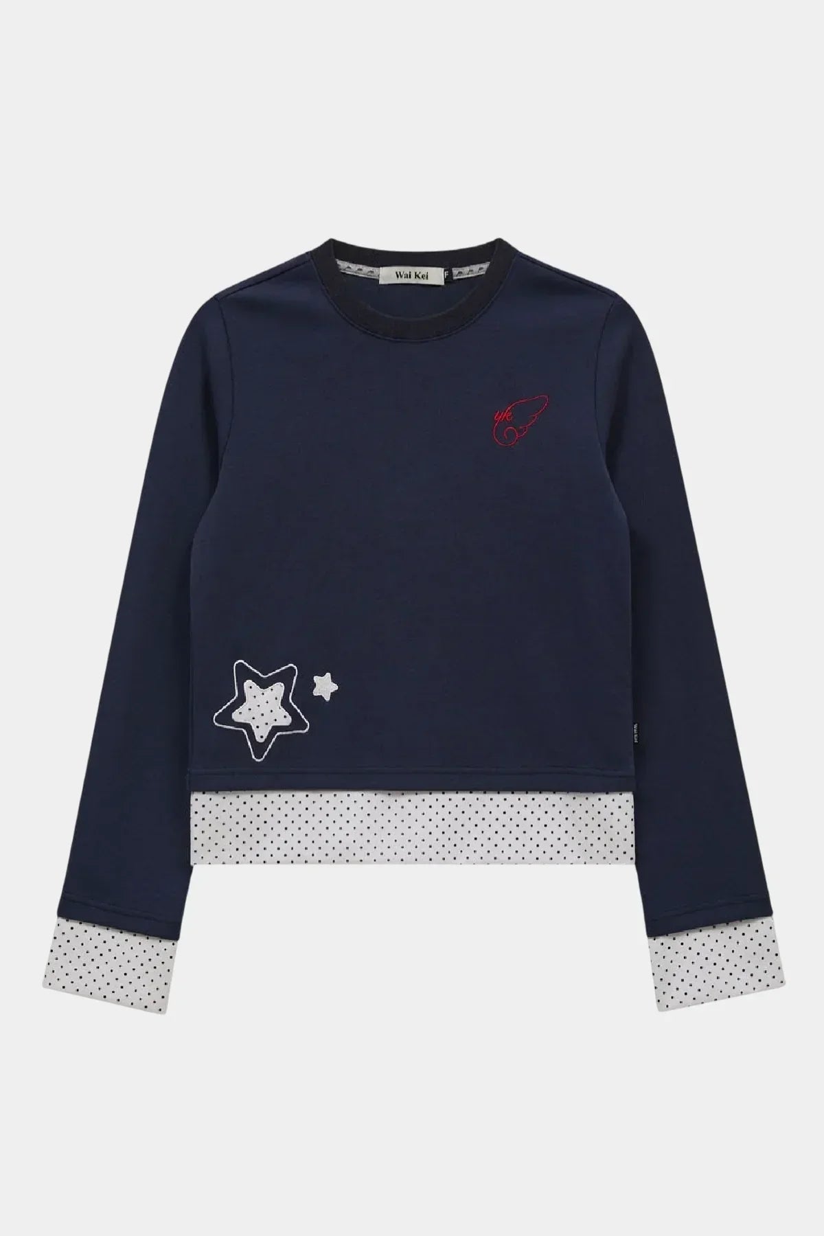 Navy blue long sleeve shirt with layered polka dot cuffs and hem, star patches, and red wing logo